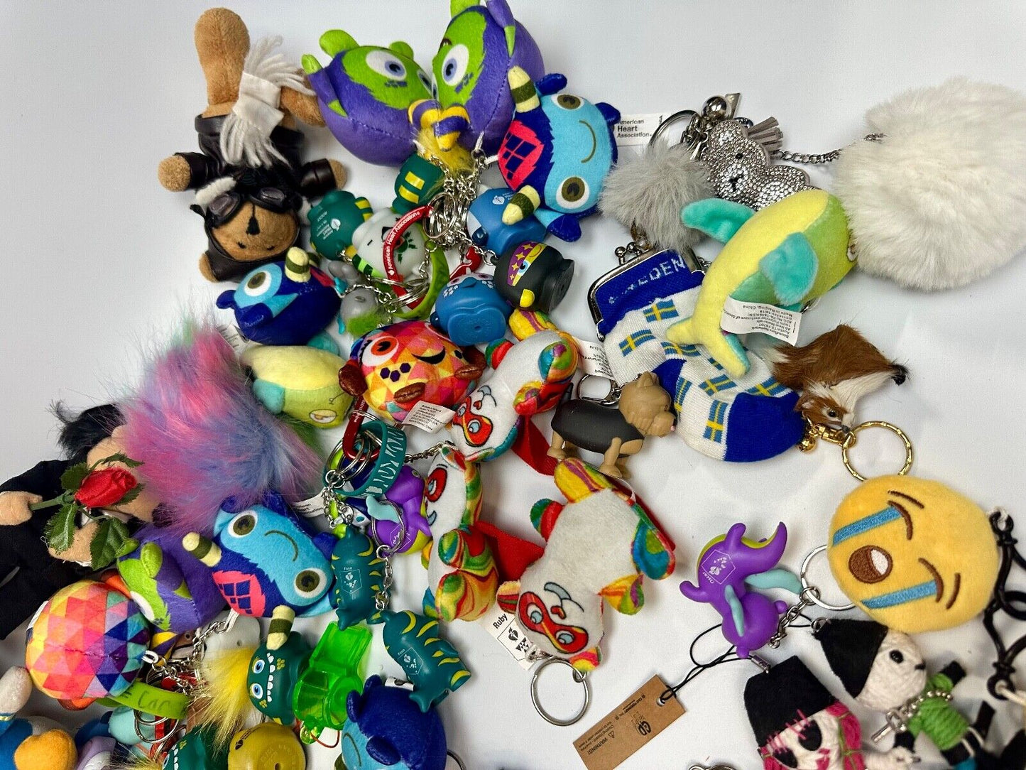 Around 75 plush doll Keychains Resale Bulk Lot, Junk Drawer Grab Bag