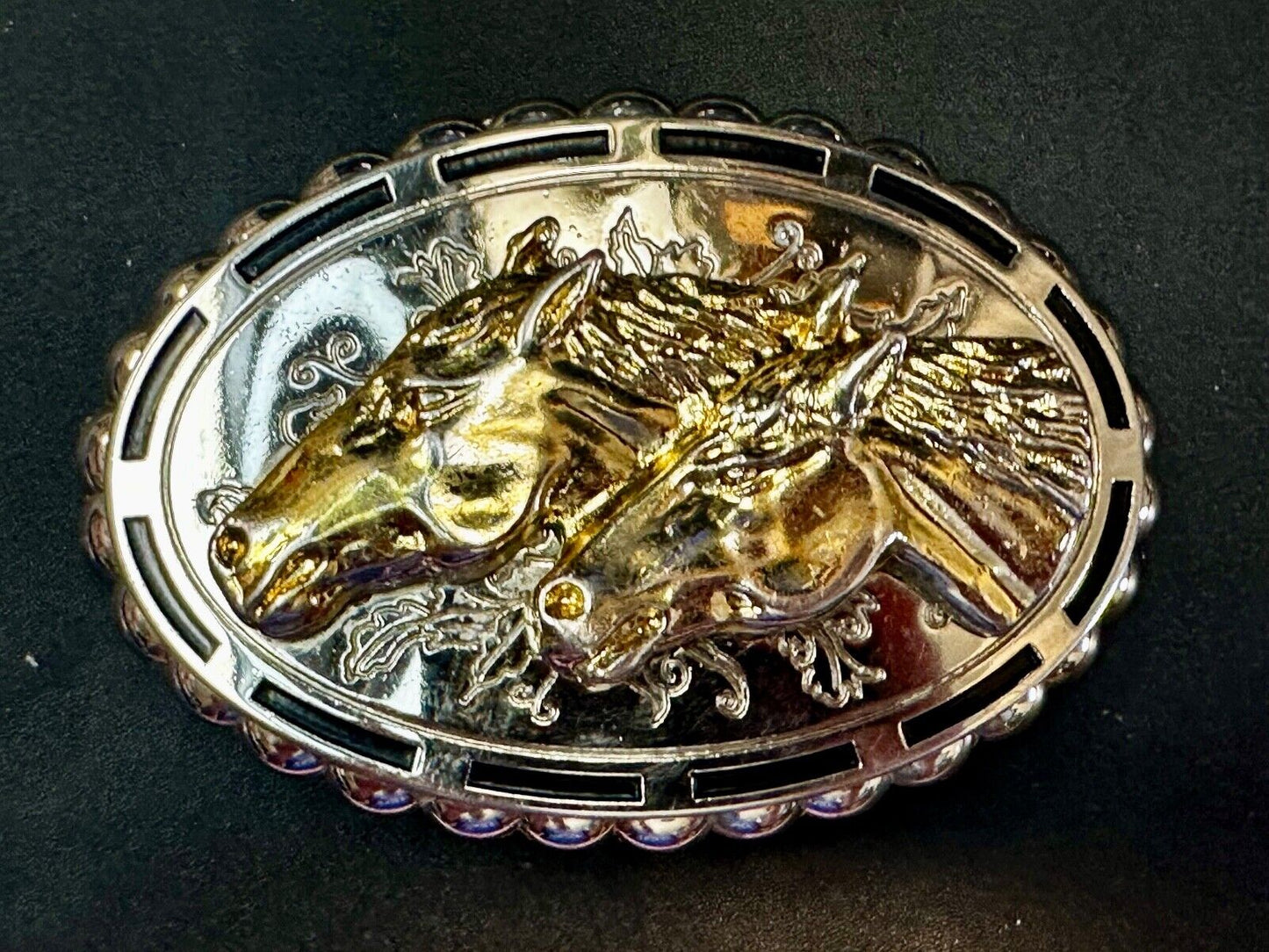 Two horse heads - Vintage two tone oval Belt Buckle with reflective backing