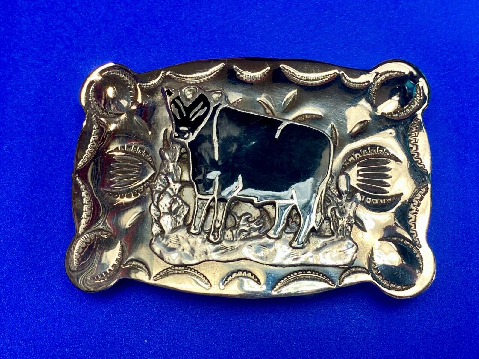 Vintage  COW BULL - Tex - Tan Nickel Silver Western belt buckle