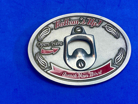 Vintage Bottle Opener Belt Buckle - Bottom's Up - Quench Your Thirst