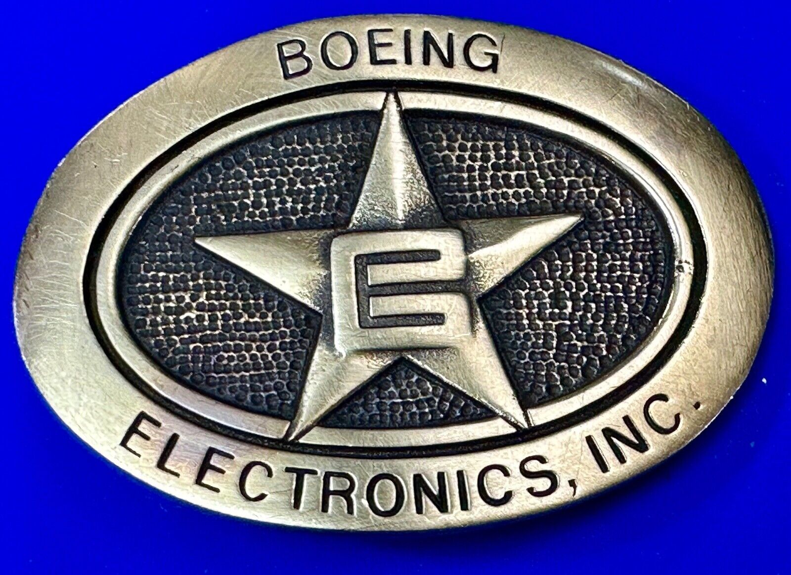 Vintage Boeing Electronics Inc Solid Brass BTS 1978 belt buckle Star Emblem