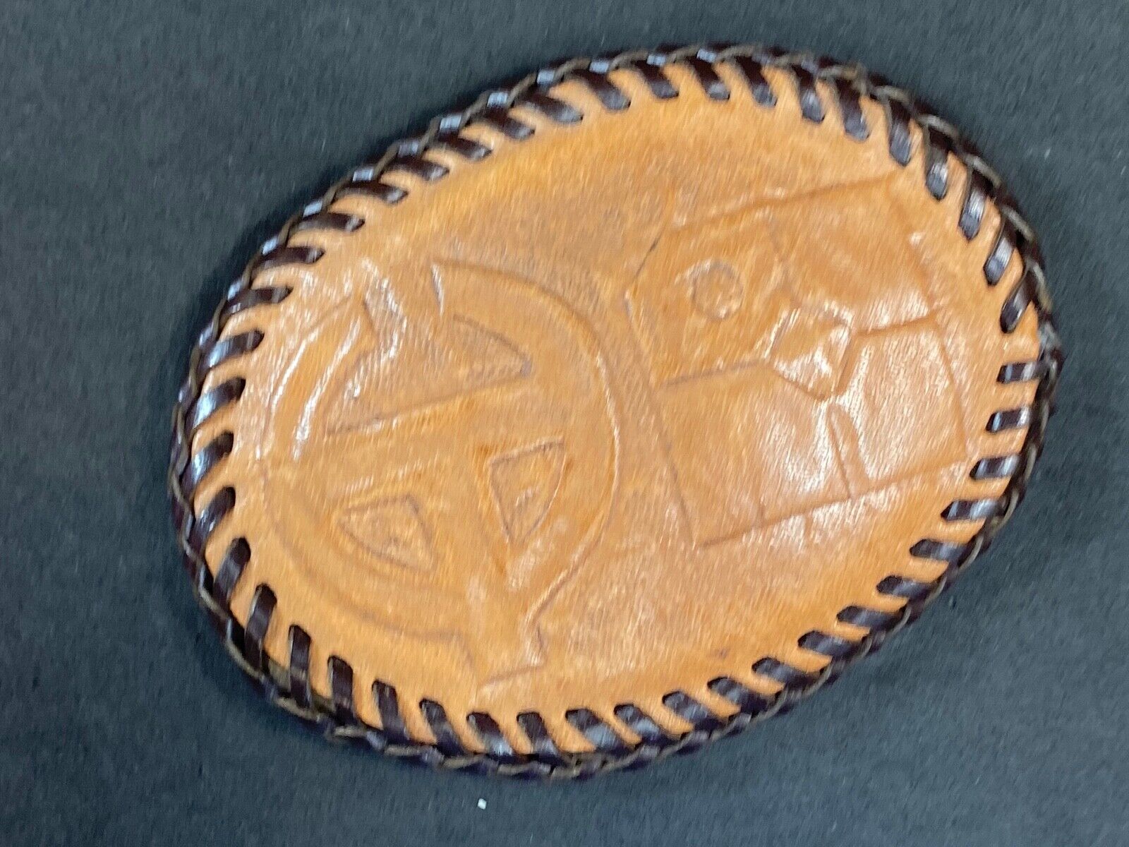 Vintage - Leather stitched belt buckle with Oil? company logo 