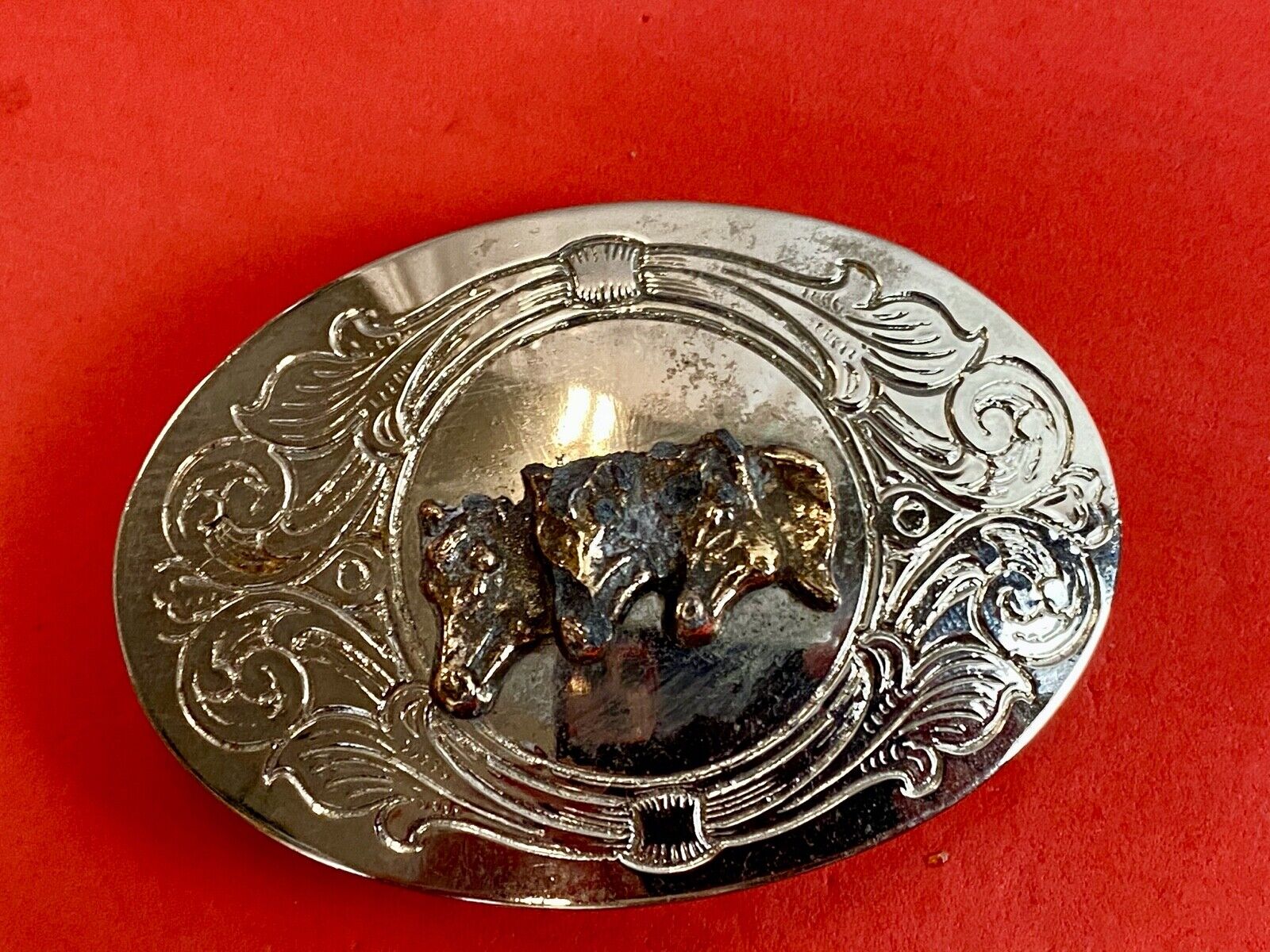 Vintage - There horse heads  bust western engraved belt buckle 
