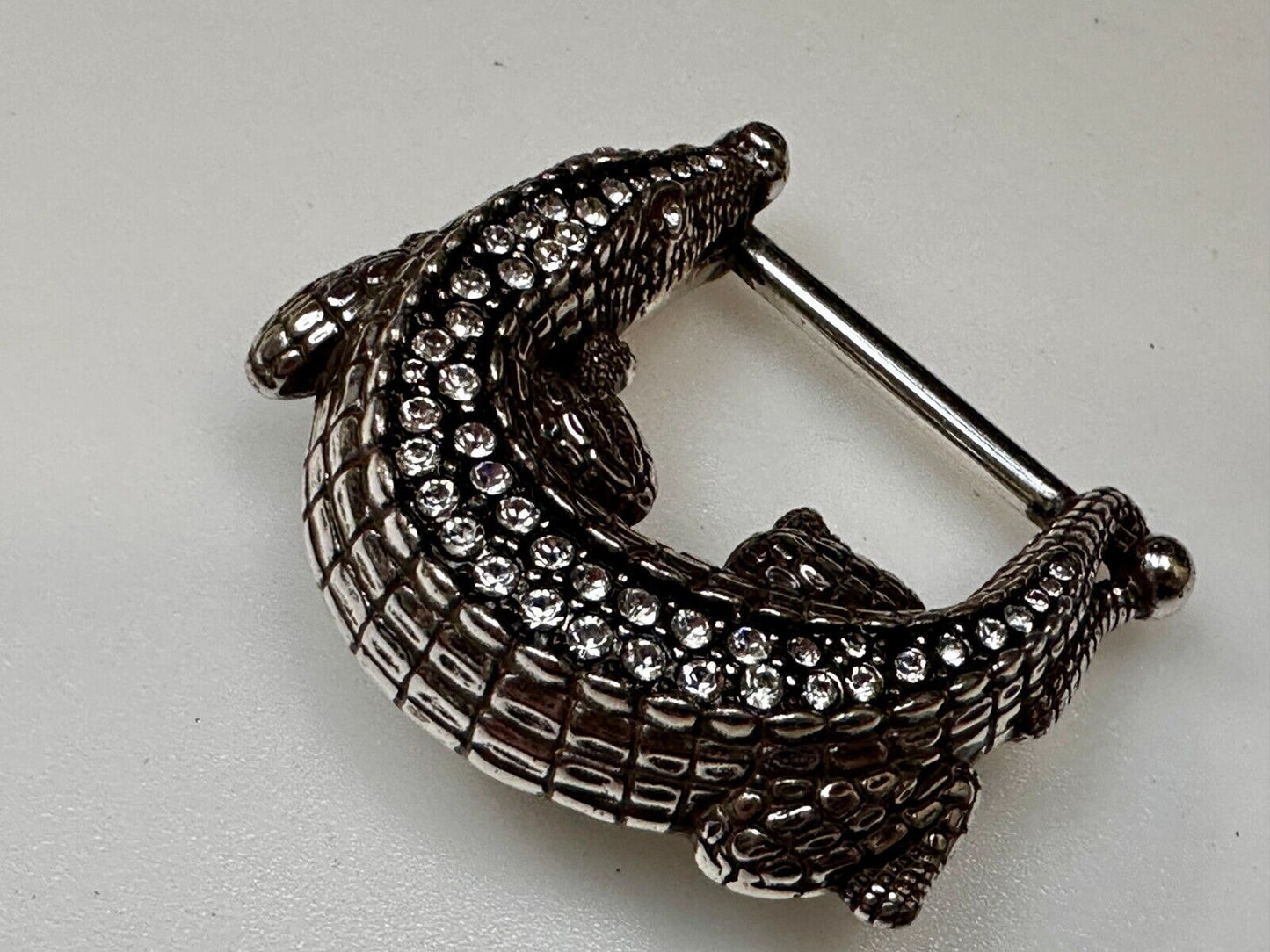 Alligator Crocodile with Rhinestone Figural Cutout Silver Tone Cord Belt Buckle