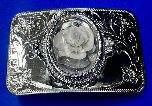 3D Flower Inside of Centerpiece Vintage Silver Tone Western Style Belt Buckle