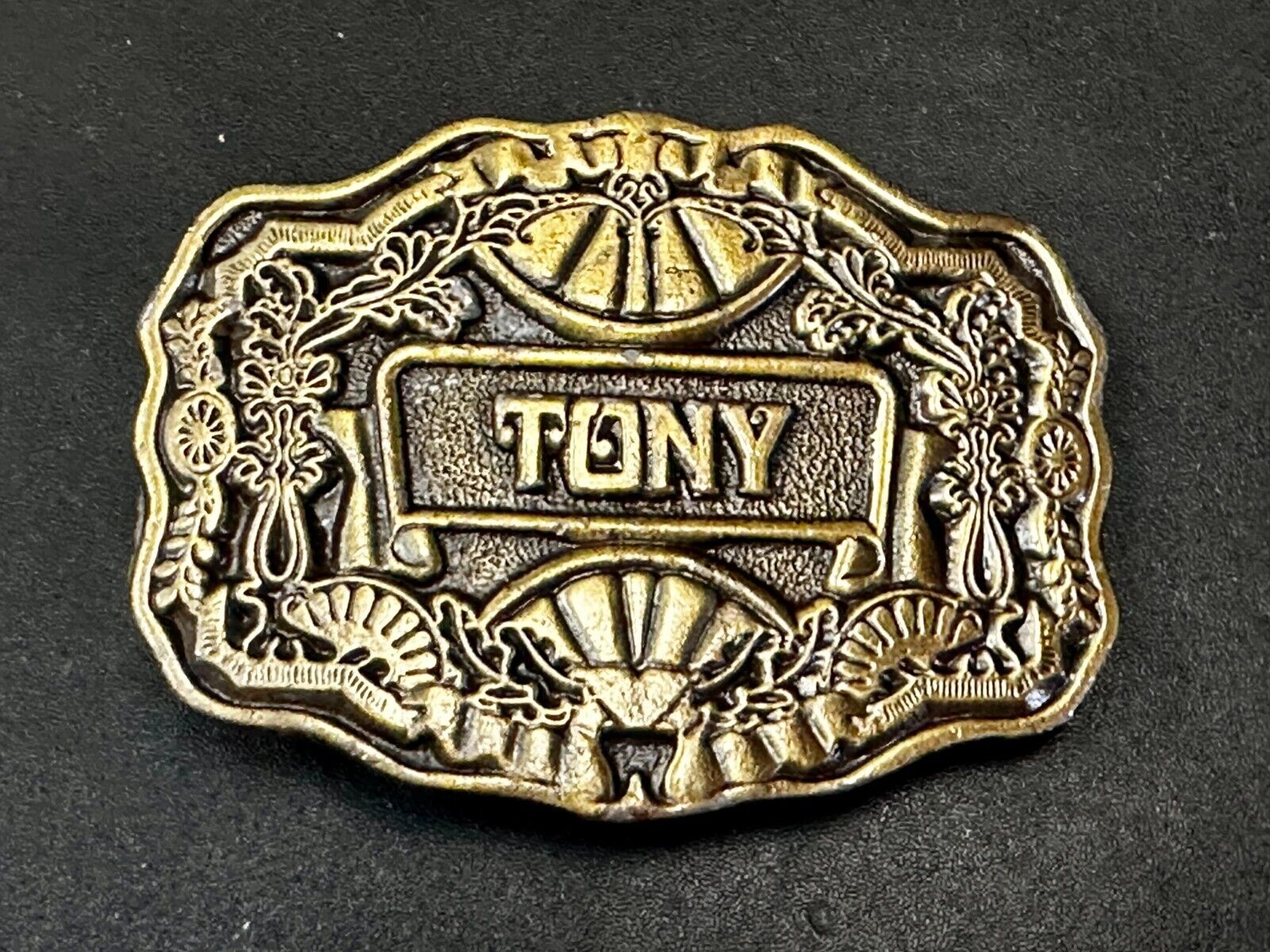 Tony Custom Name Western Framed  Flower Swirl Belt Buckle by ODEN Inc.