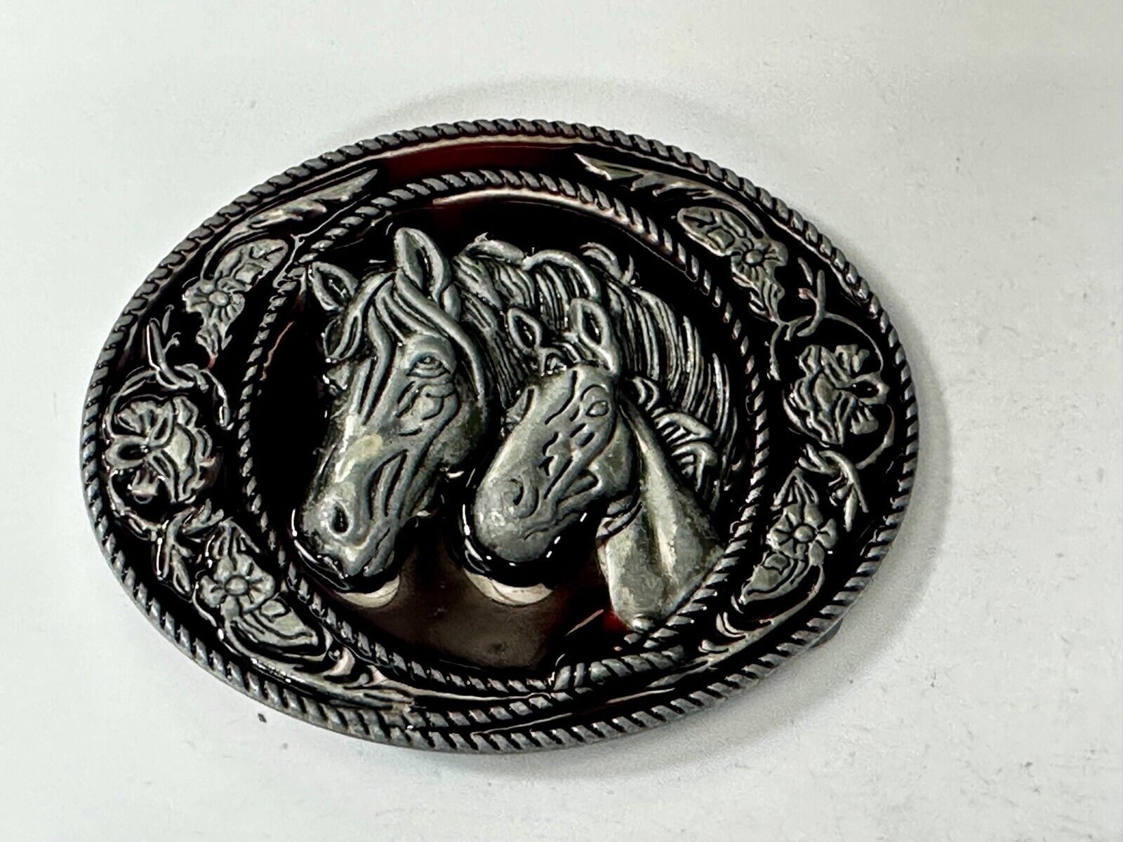 Two Horse Head's Red Color Enameled Western Cowboy's Belt Buckle