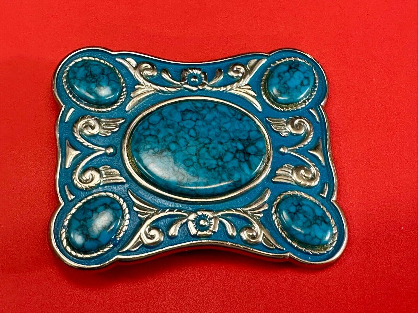Turquoise Colored Cabochon Stones on Silver Tone Southwestern belt buckle