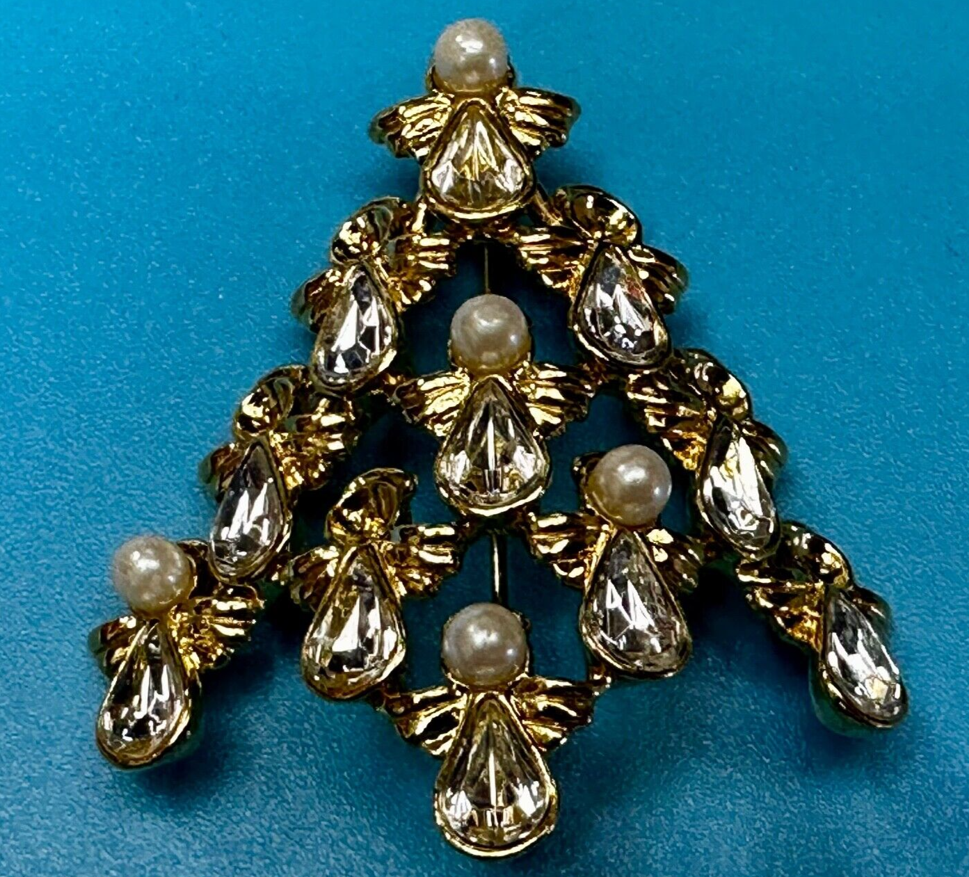 Angel Christmas Tree with Faux Pearls Vtg. Gold Tone Brooch Pin by Ninna Ricci