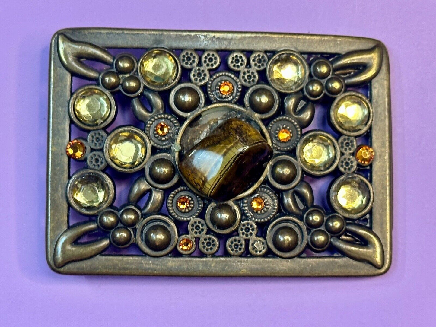 Antique Brass Style Hippie Vintage Belt Buckle With Tigers Eye In Center