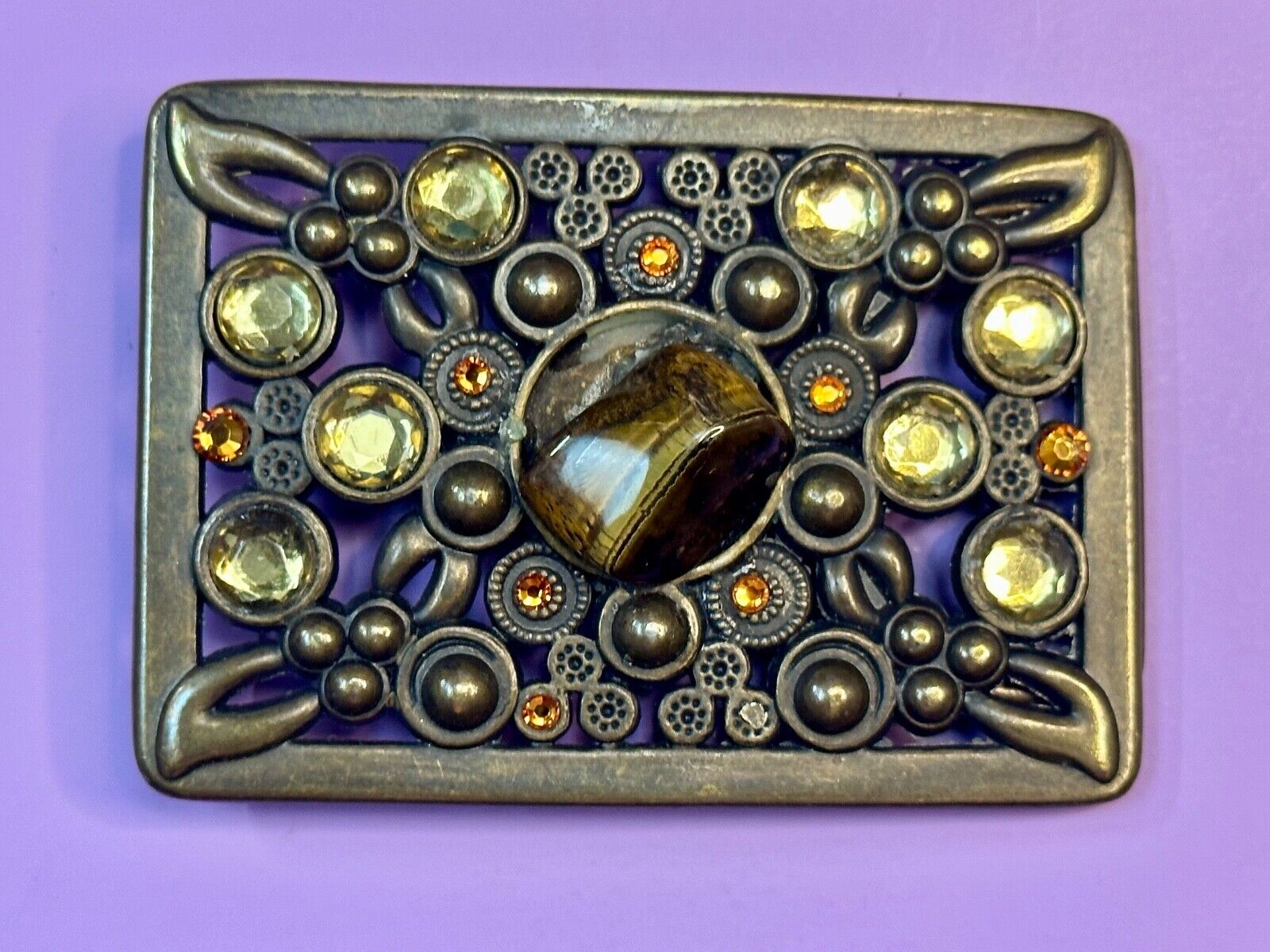 Antique Brass Style Hippie Vintage Belt Buckle With Tigers Eye In Center