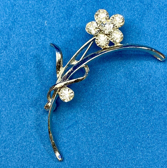 Beautiful Figural Flower With Rhinestone Accents Signed Silver Tone Brooch Pin