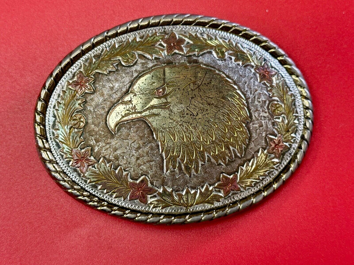 American Bald Eagle Bust profile, Mixed Color Etched belt buckle W Makers Mark