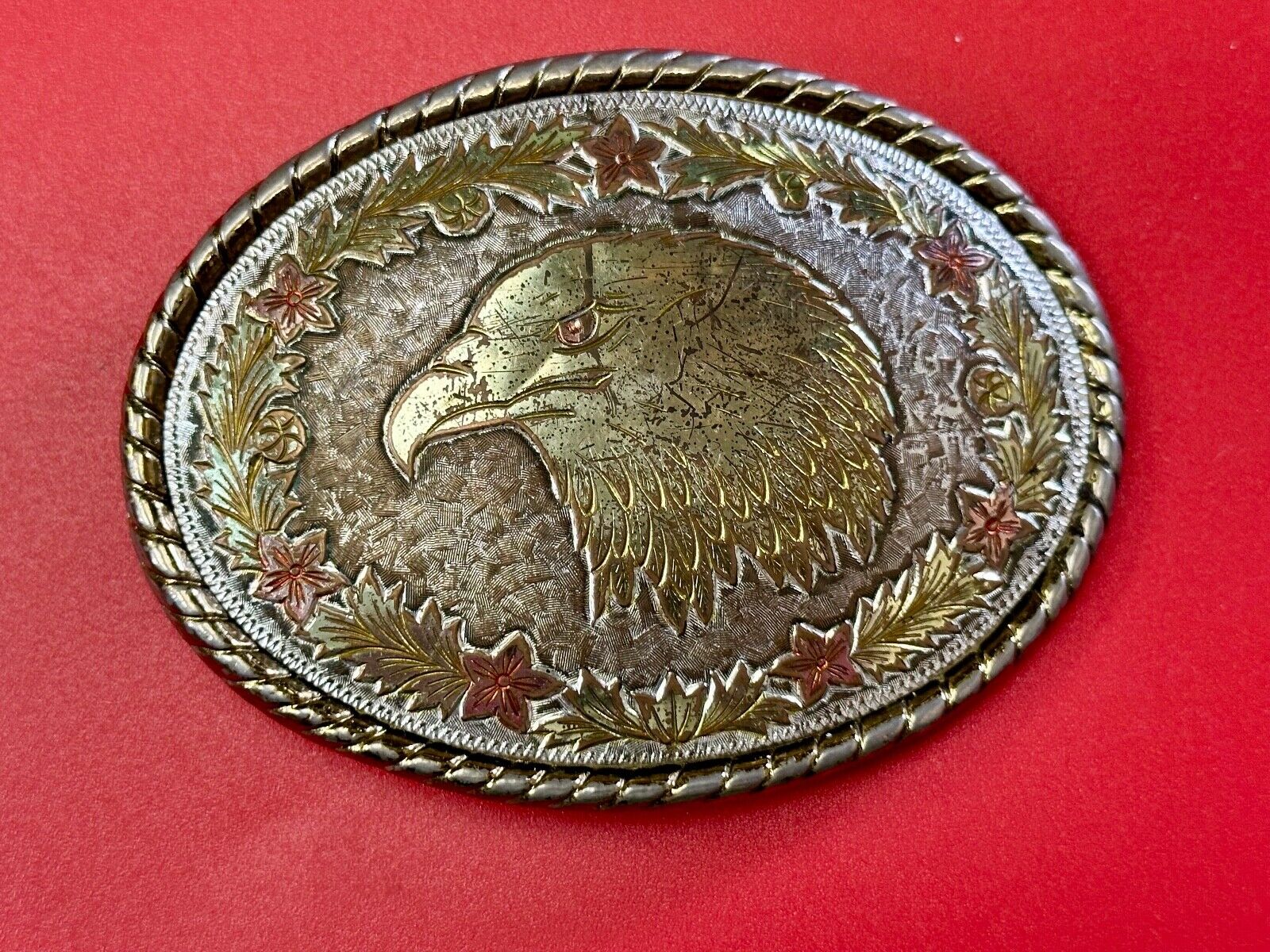 American Bald Eagle Bust profile, Mixed Color Etched belt buckle W Makers Mark