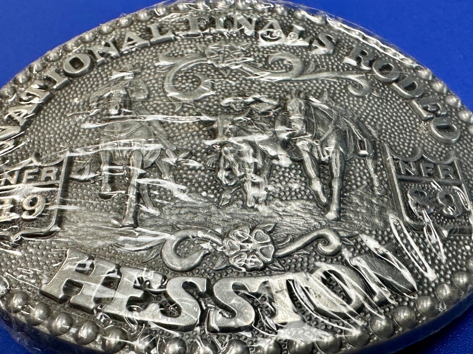 1989 Adult Size Hesston National Finals Rodeo Bull Riding Cowboys belt buckle