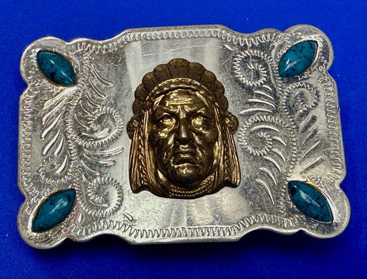 3D Native American Indian Chief & Turquoise stones Nickel Silver Vtg Belt Buckle
