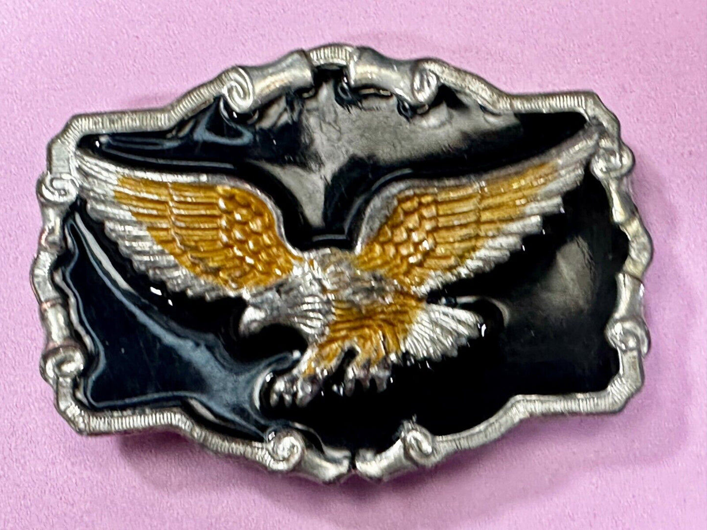 American Flying Bald Eagle Black & Gold Enamel Western Style Belt Buckle