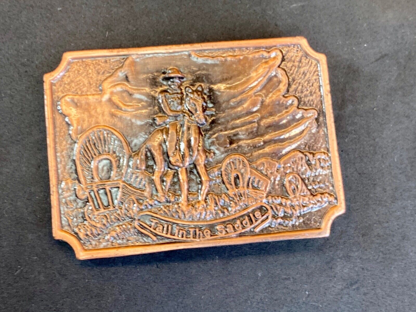 Tall In The Saddle Western Rodeo Cowboy On Trail With Covered Wagon Belt Buckle 