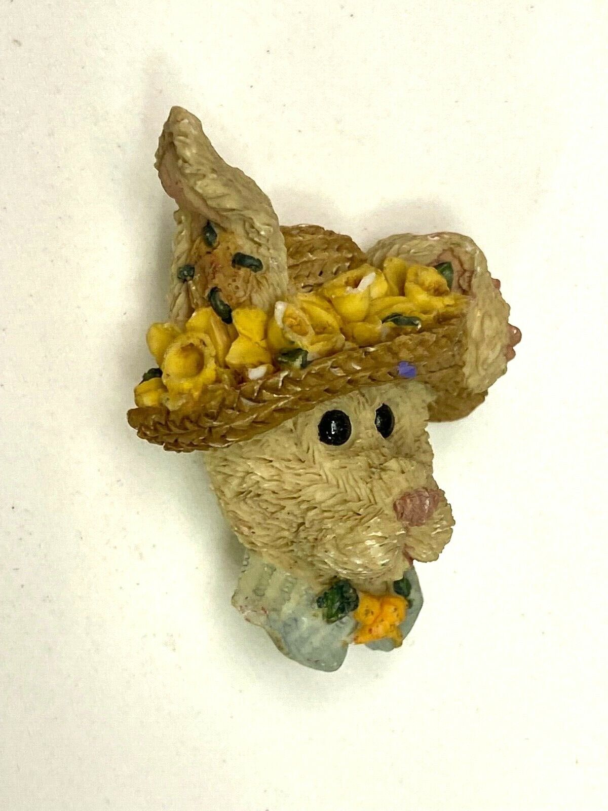 Teddy Bear w/ Straw Flower Hat Vintage Ceramic Boyds Bears Brooch Pin