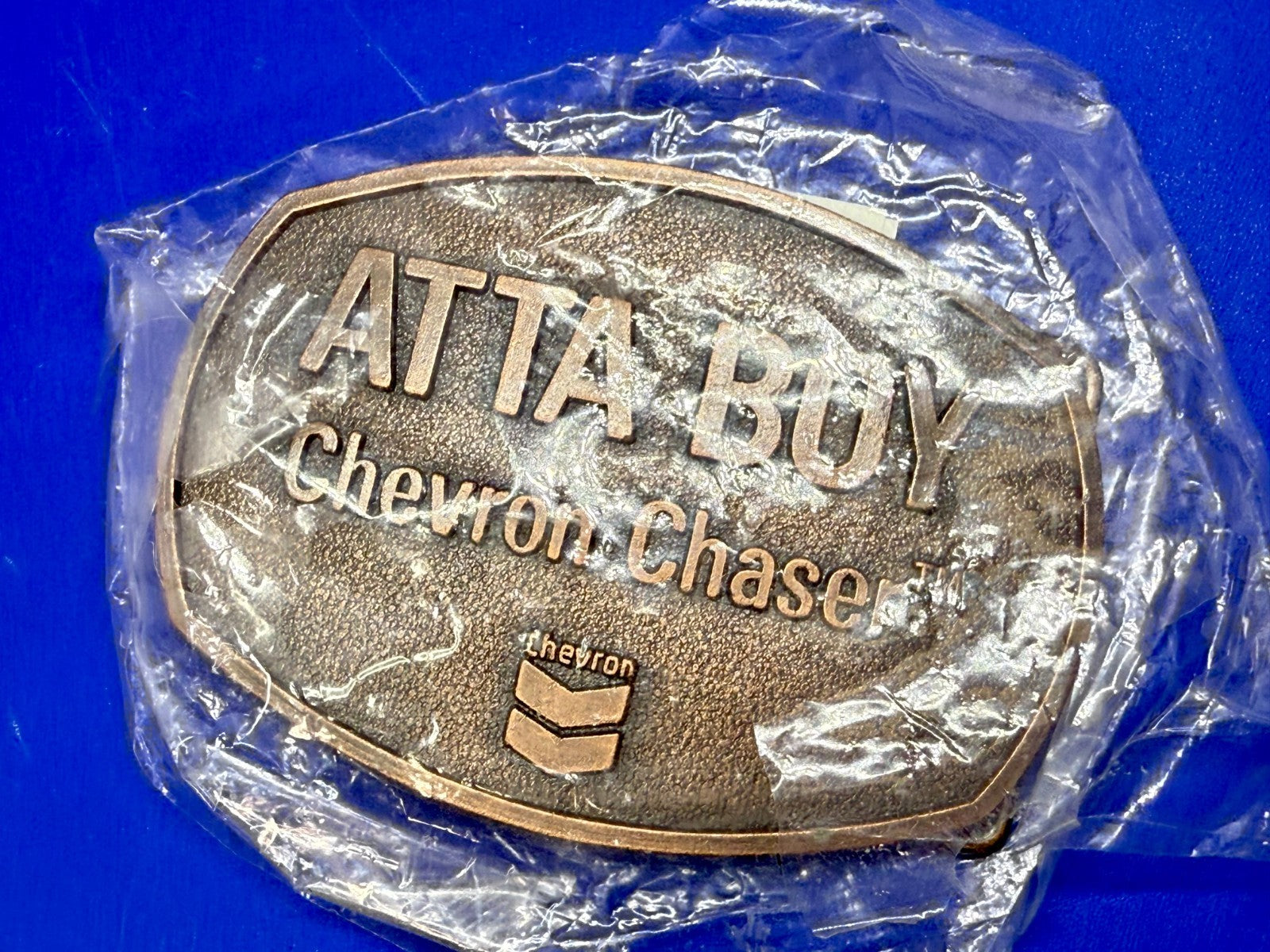 ATTA BOY Chevron Chaser Fuel Oil Mine Industry Rough Neck NOS Vtg. Belt Buckle