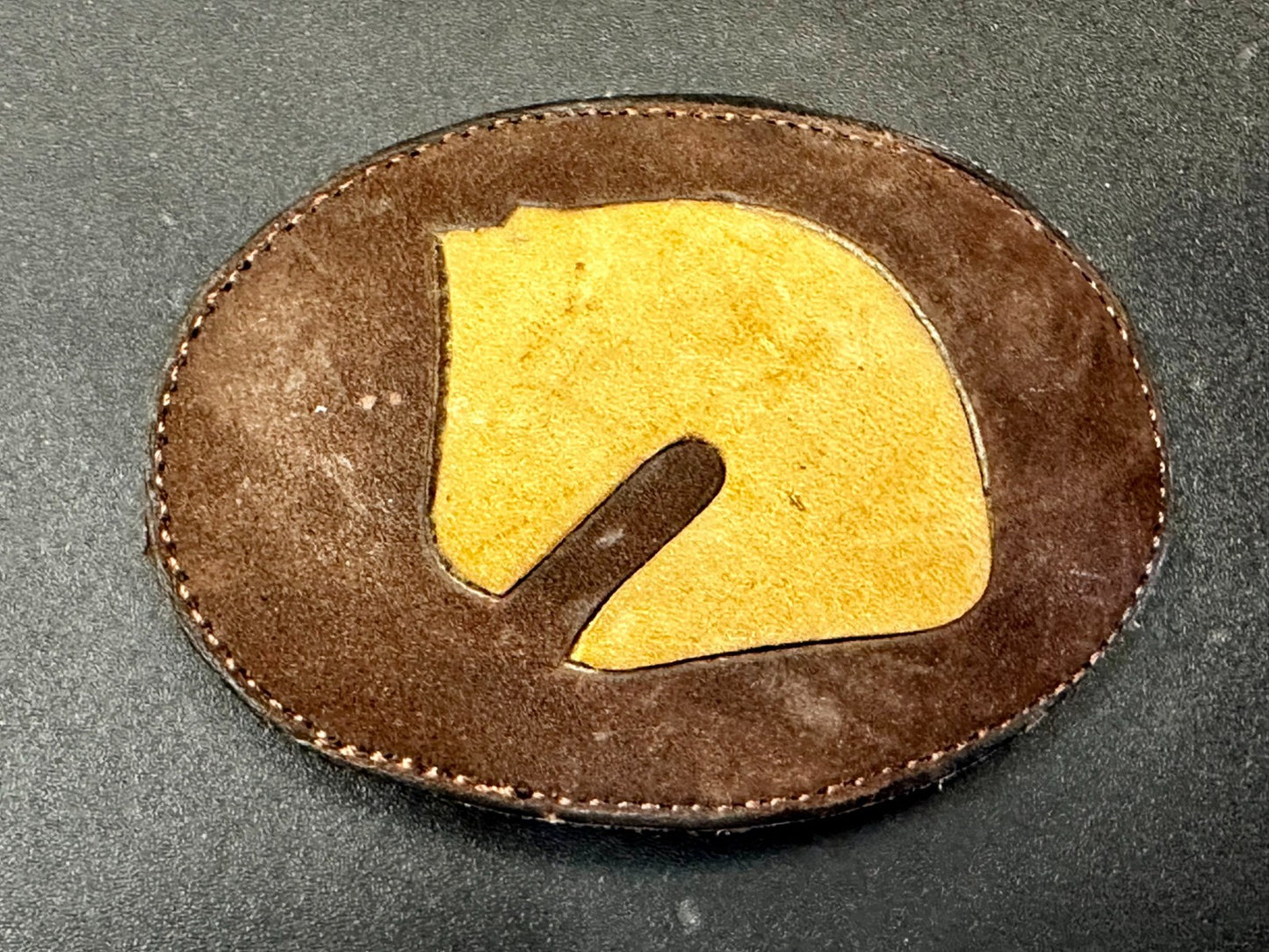 Abstract Horse Head - Brown Leather Stitched Vintage Belt Buckle
