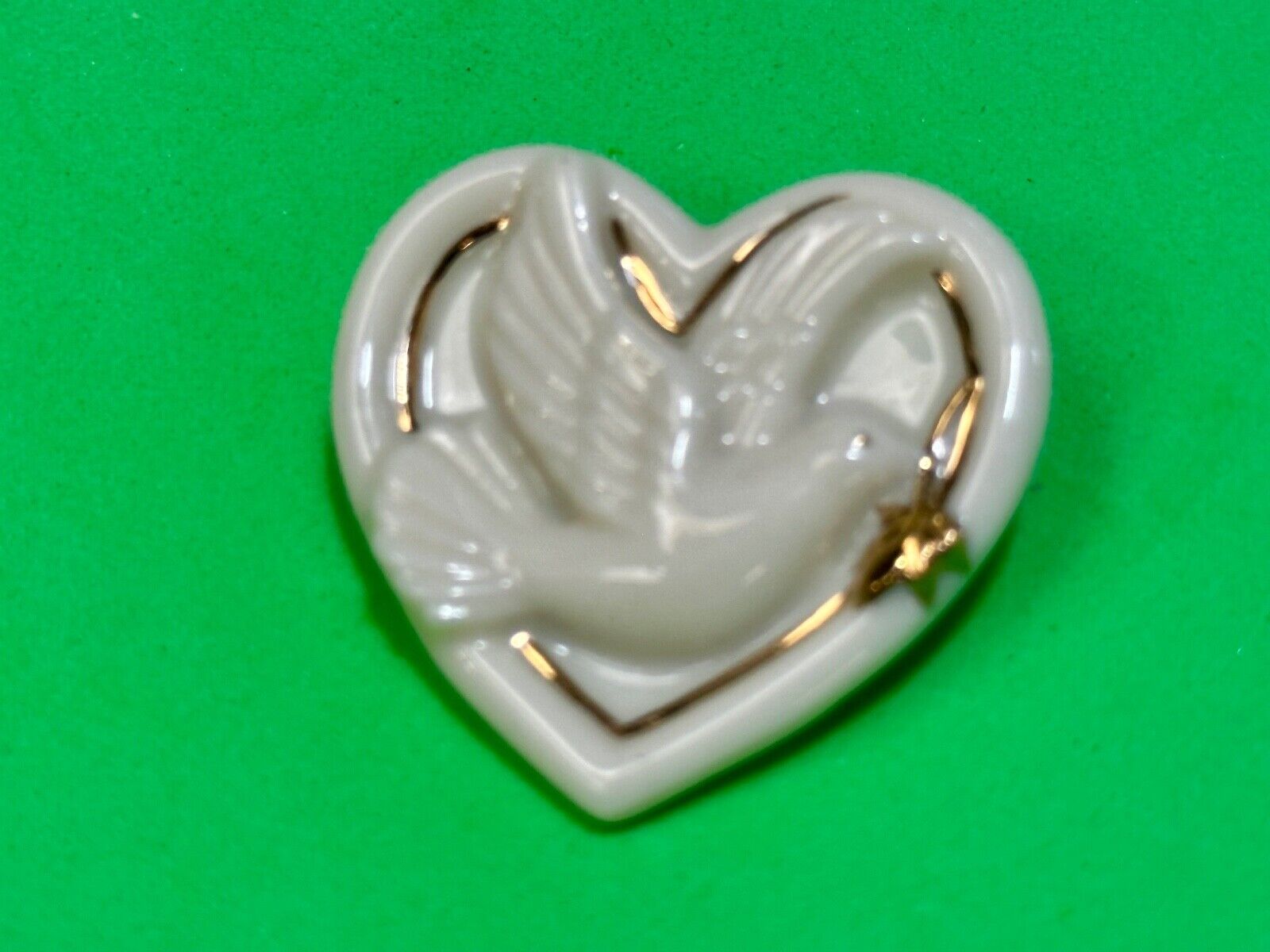 Vintage Lenox Heart Shaped Brooch with Peace Dove & Olive Branch, Gold Trim