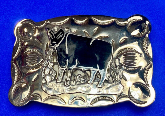 Vintage  COW BULL - Tex - Tan Nickel Silver Western belt buckle