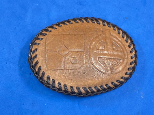 Vintage - Leather stitched belt buckle with Oil? company logo 