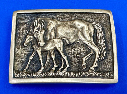 vintage Horse and Foal Colt baby vintage 1978 BTS solid brass belt buckle