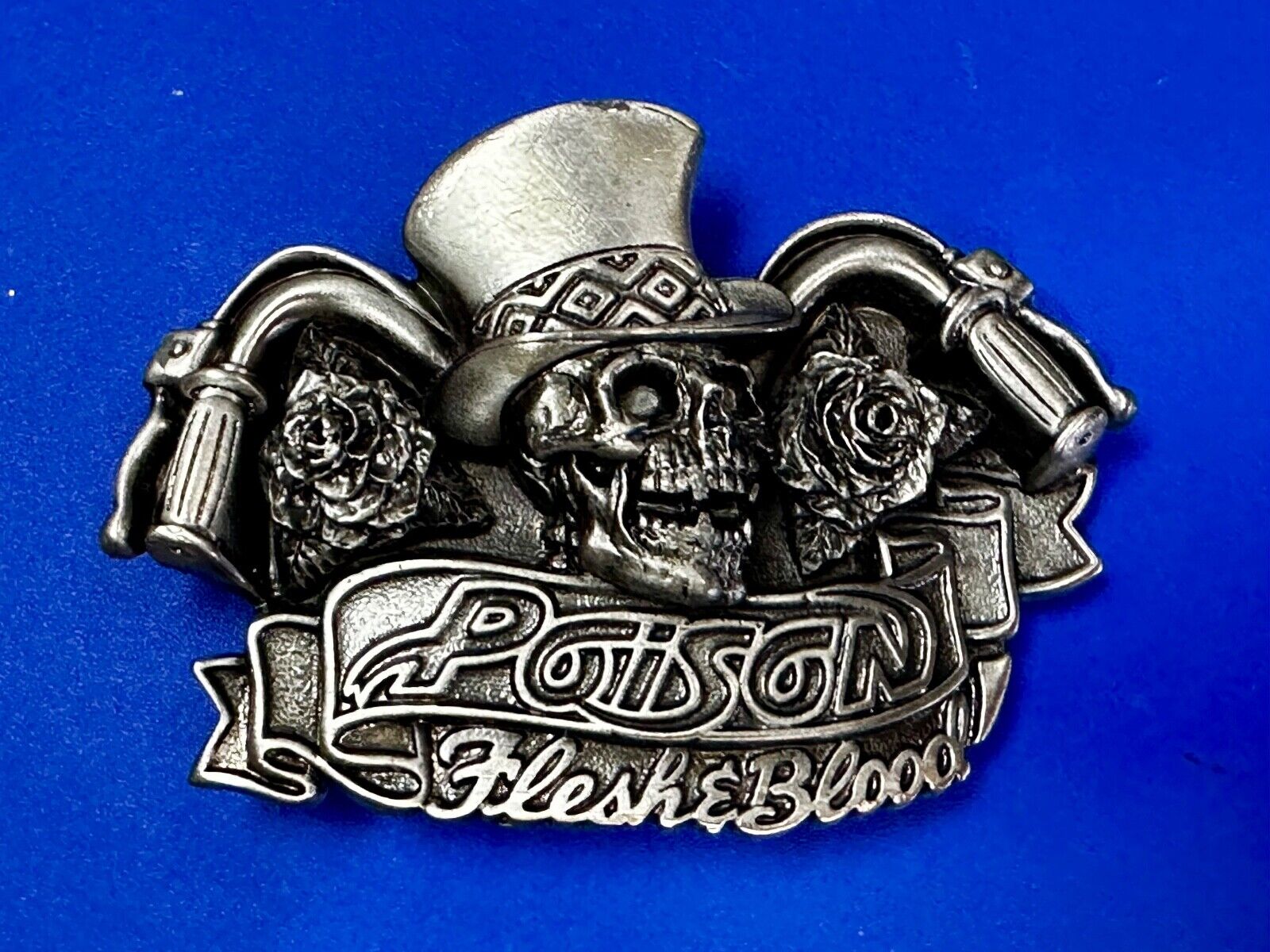 80's Poison Rock Band Skull in Top hat Rose Flesh & Blood Album 1992 Belt Buckle