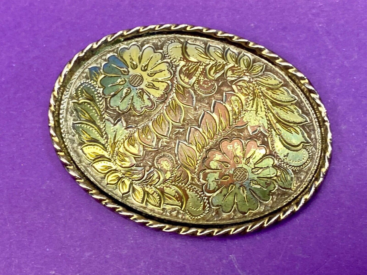 Vintage Etched? Mixed Metal Western flower oval belt buckle marked W 