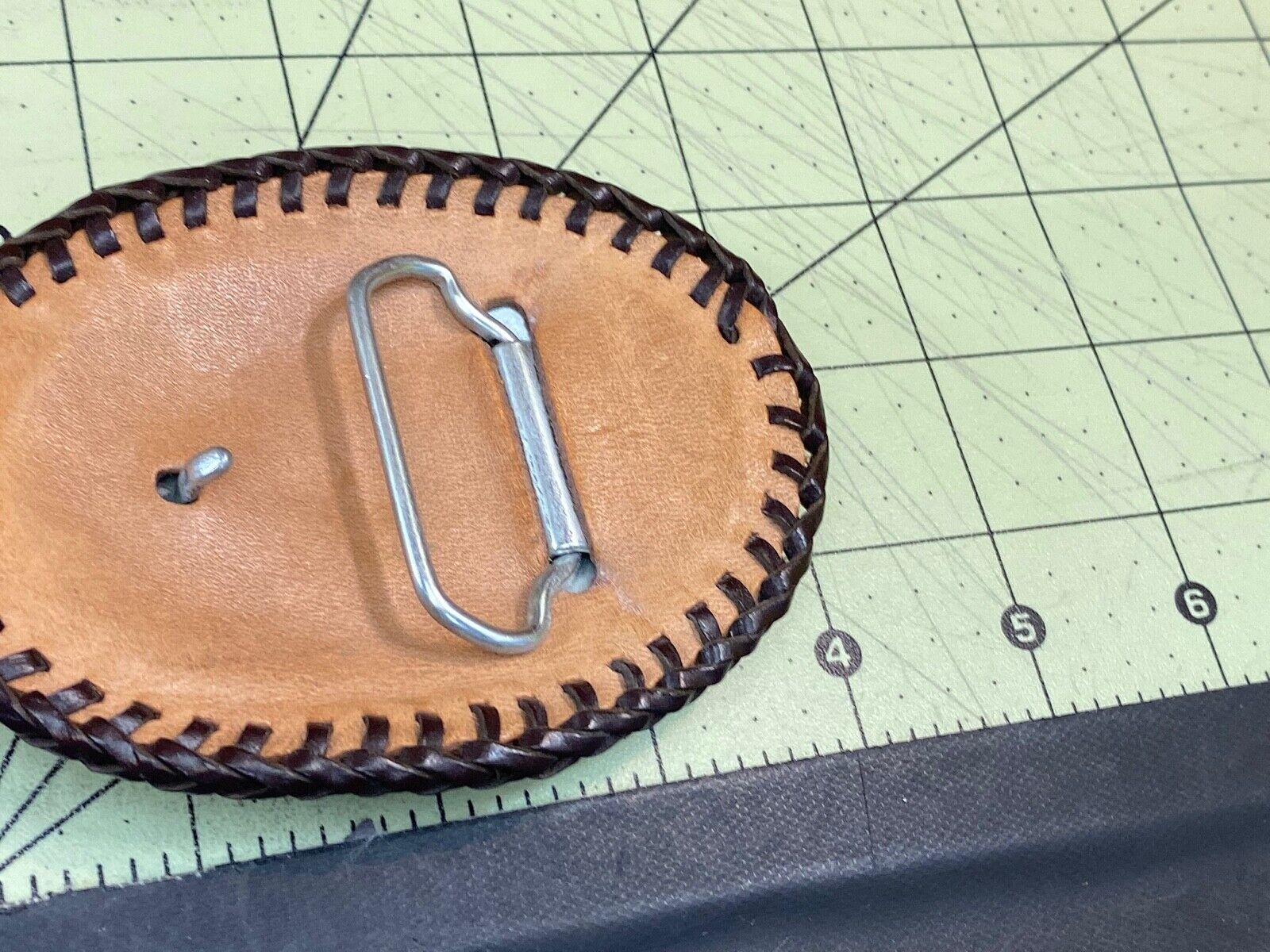 Vintage - Leather stitched belt buckle with Oil? company logo 