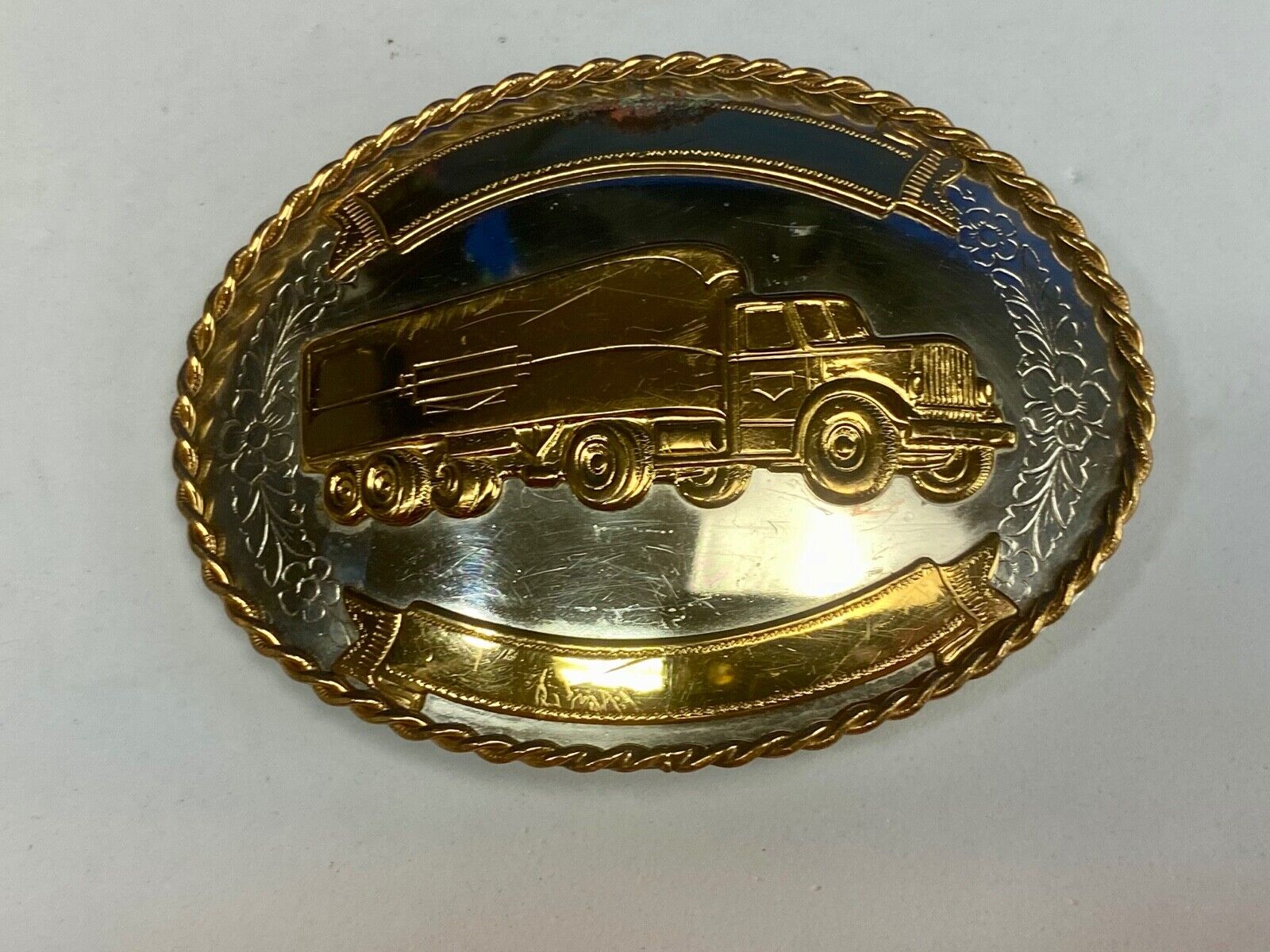 Vintage German silver Semi Driver Big Rig blank award ribbon scroll belt buckle 