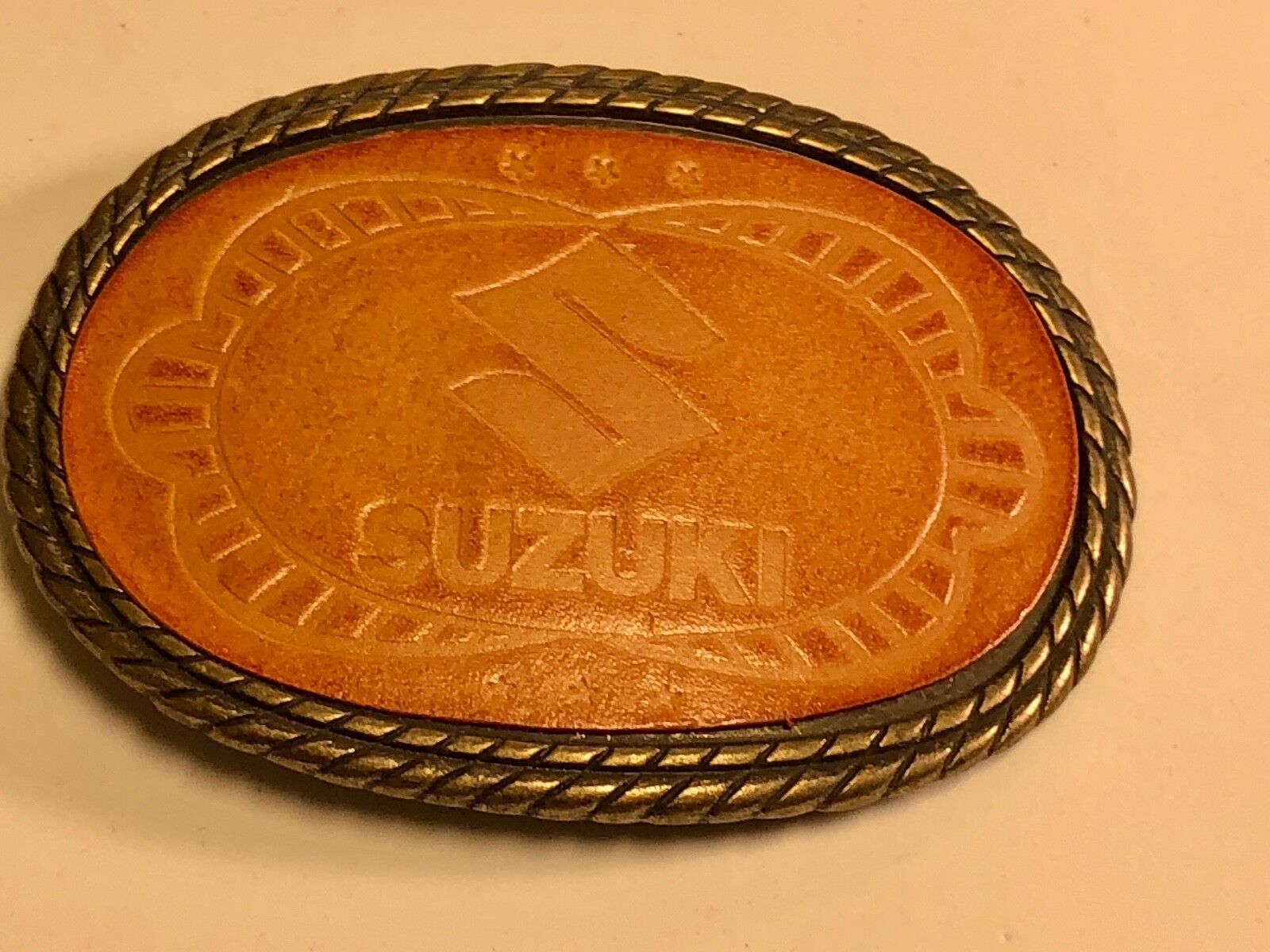 Vintage Leather Suzuki Belt Buckle - motorcycle engine Logo 
