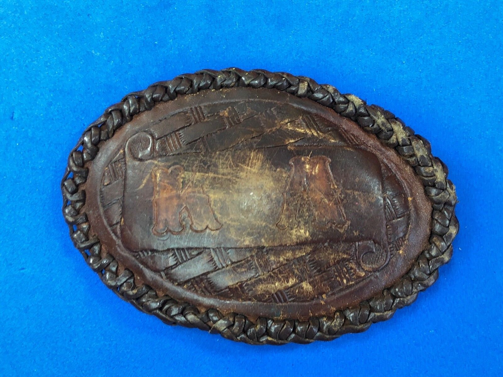 Vintage artisan? KA  Initials Leather stitched Belt Buckle 