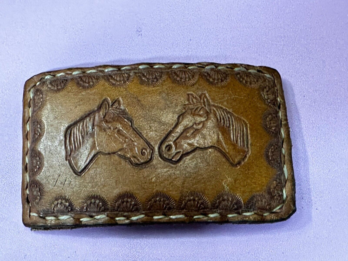 Two Horse Heads Vintage Stitched Brown Leather Rectangular Belt Buckle