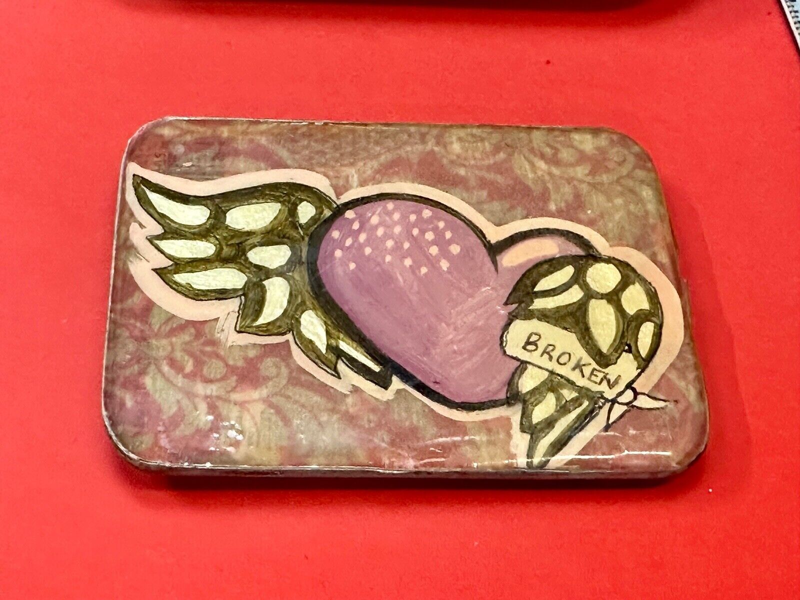 Vintage HEART with wings Mexican Collage belt buckle by artisan Nikki Zabicki