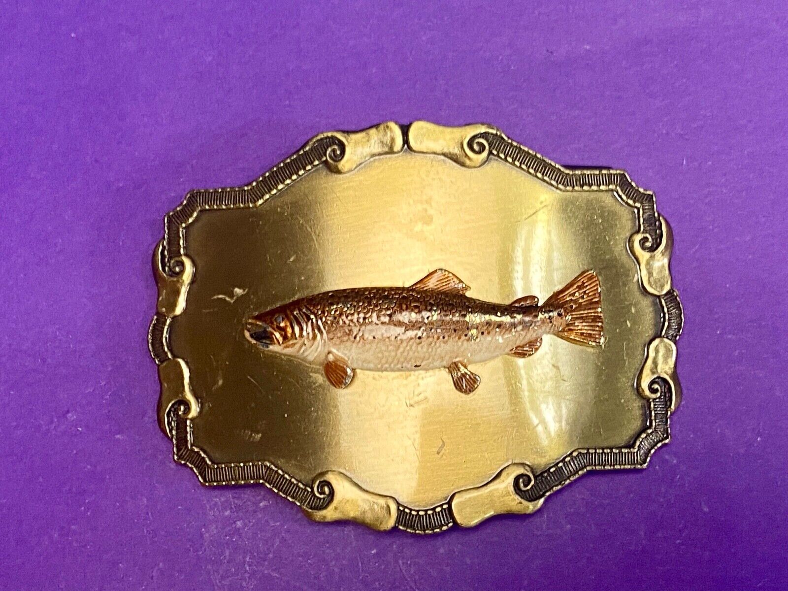 Vintage 1970'S Western Framed Trout Fish Fishing Rraintree Belt Buckle 