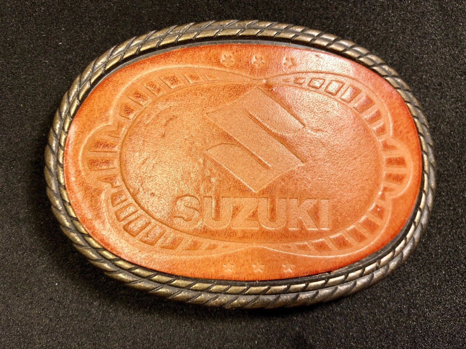 Vintage Leather Suzuki Belt Buckle - motorcycle engine Logo 