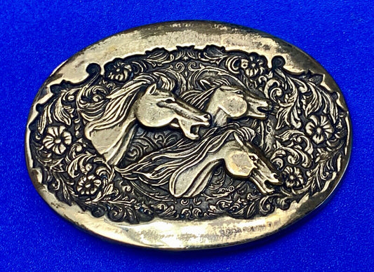Three horse Heads  flower swirl First Edition belt buckle by Award Design Medals