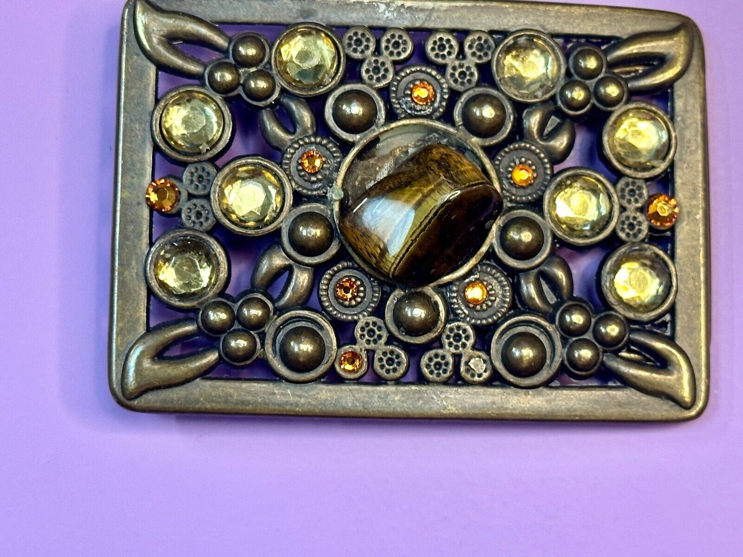 Antique Brass Style Hippie Vintage Belt Buckle With Tigers Eye In Center