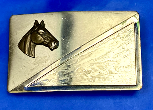 Vintage Horse Head On Nickel Silver Rectangular Belt Buckle