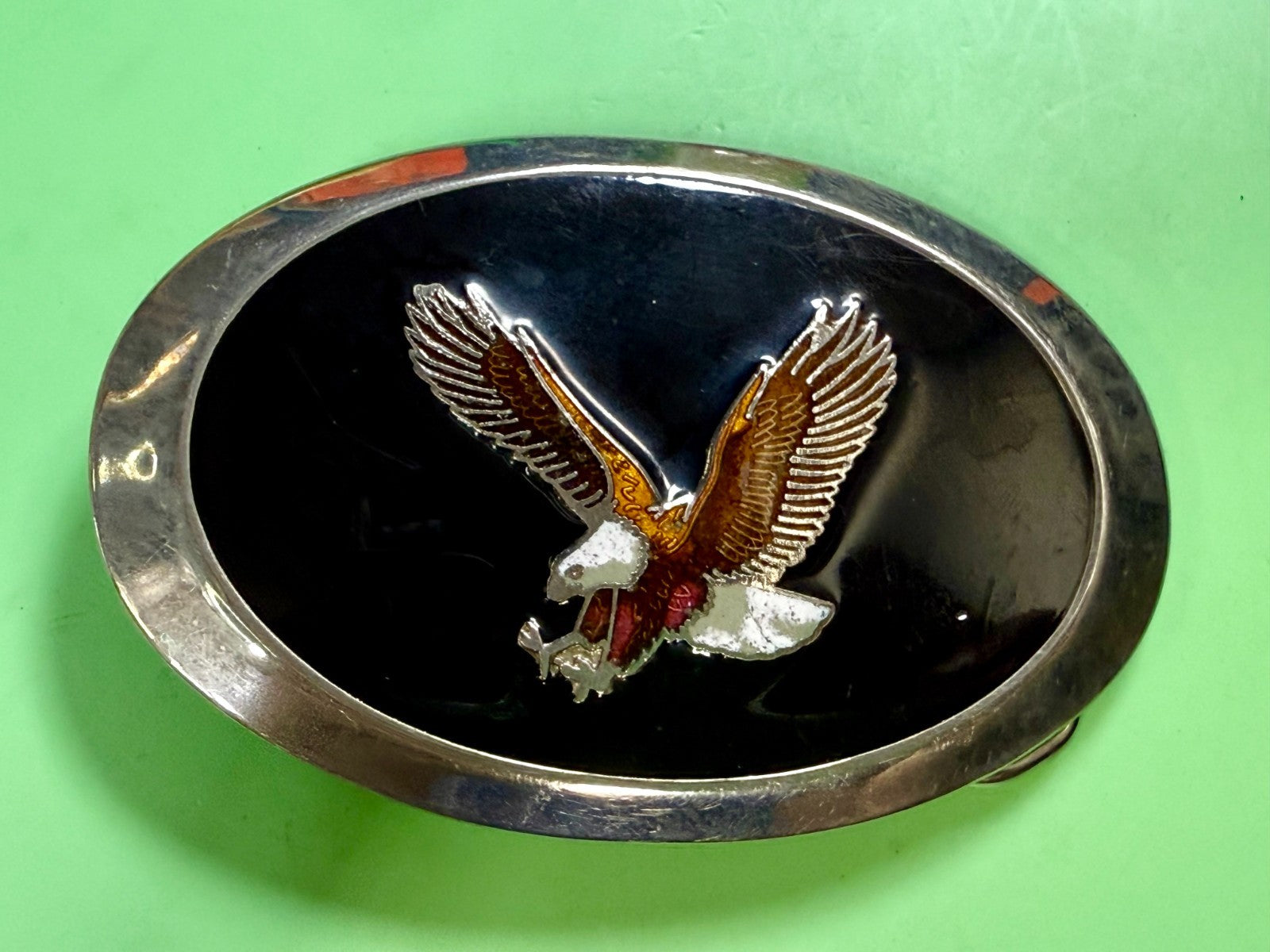 American Bald Eagle Flying Hunting Claws Black Enameled Western Oval Belt Buckle