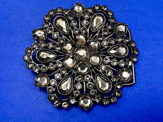 Victorian Style Clear Rhinestone Flower Burst Vintage Silver Tone Belt Buckle