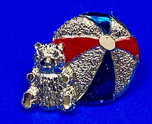 Teddy Bear with Beach Ball Vintage Blue Red Enamel Signed Brooch Pin