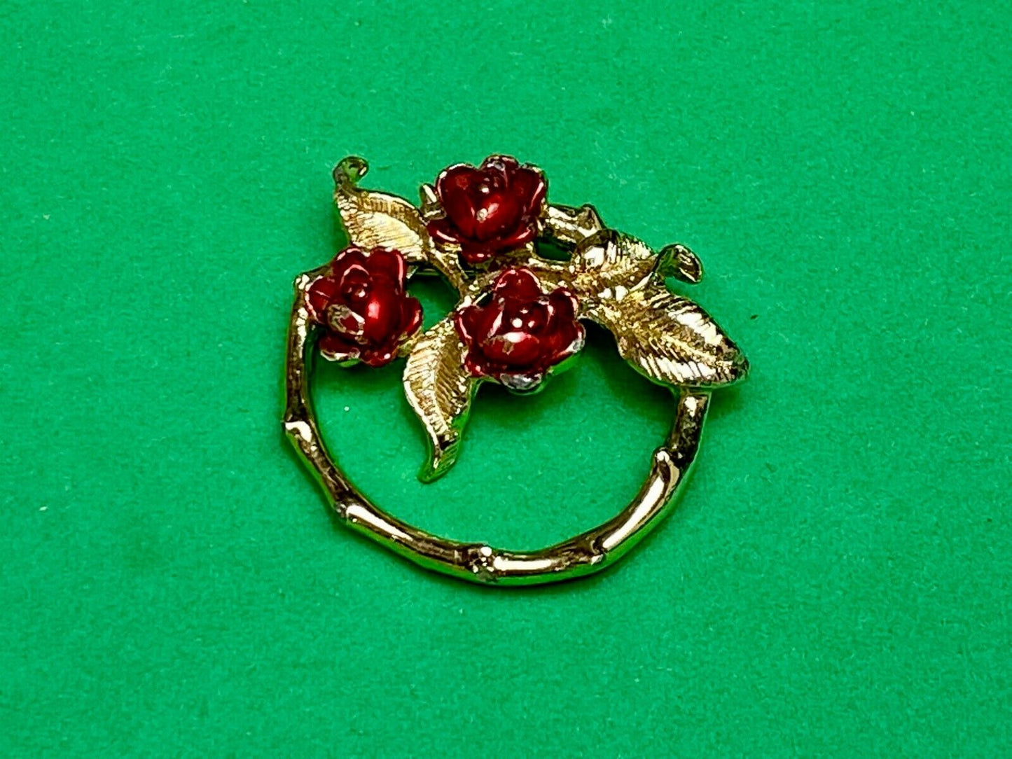 Vintage Gerry's Gold Tone Red Enamel Figural Round Rose Flower Brooch Pin