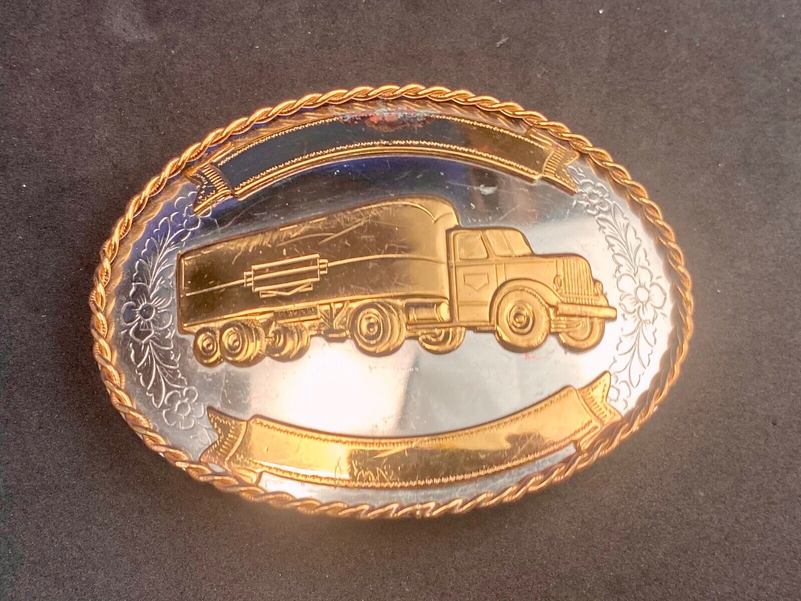 Vintage German silver Semi Driver Big Rig blank award ribbon scroll belt buckle 
