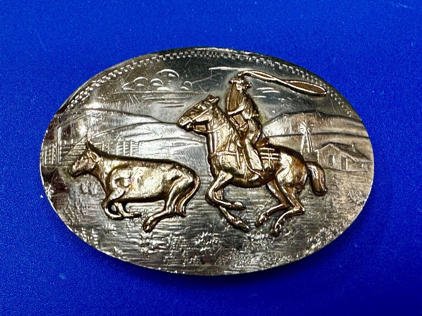 Two Horse Riding Cowboy's German Silver Belt Buckle by Comstock Silversmiths