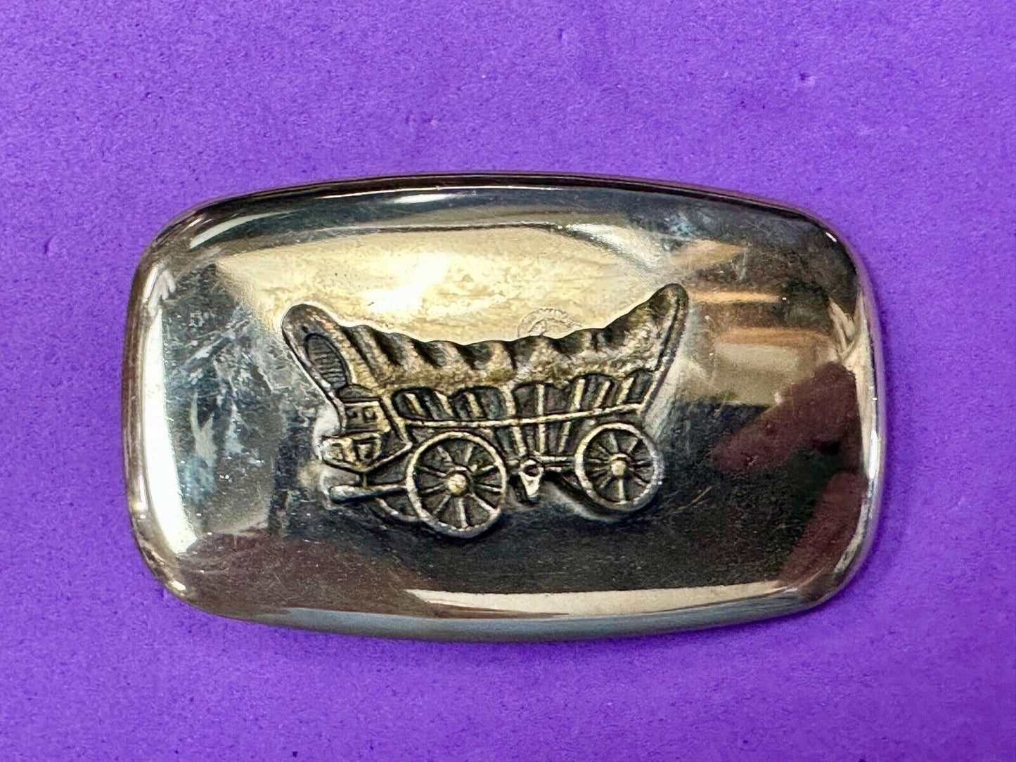 70s Covered Wagon two tone reflective rounded corner USA made belt buckle