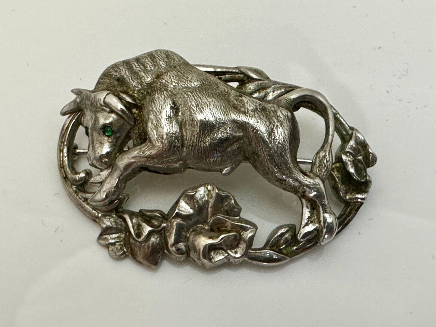 Taurus Bull 2" Wide Green Eyes -9 25 Sterling Silver Vintage Brooch by Otis